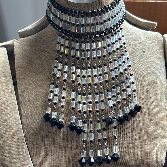 MCM Waterfall Necklace AB Crystals Jet Black Bib Statement Fringe Art Deco
